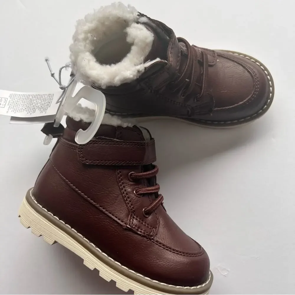 Old Navy Boys Dressy Cognac High Top Boots with Faux Fur Lined Sz 7